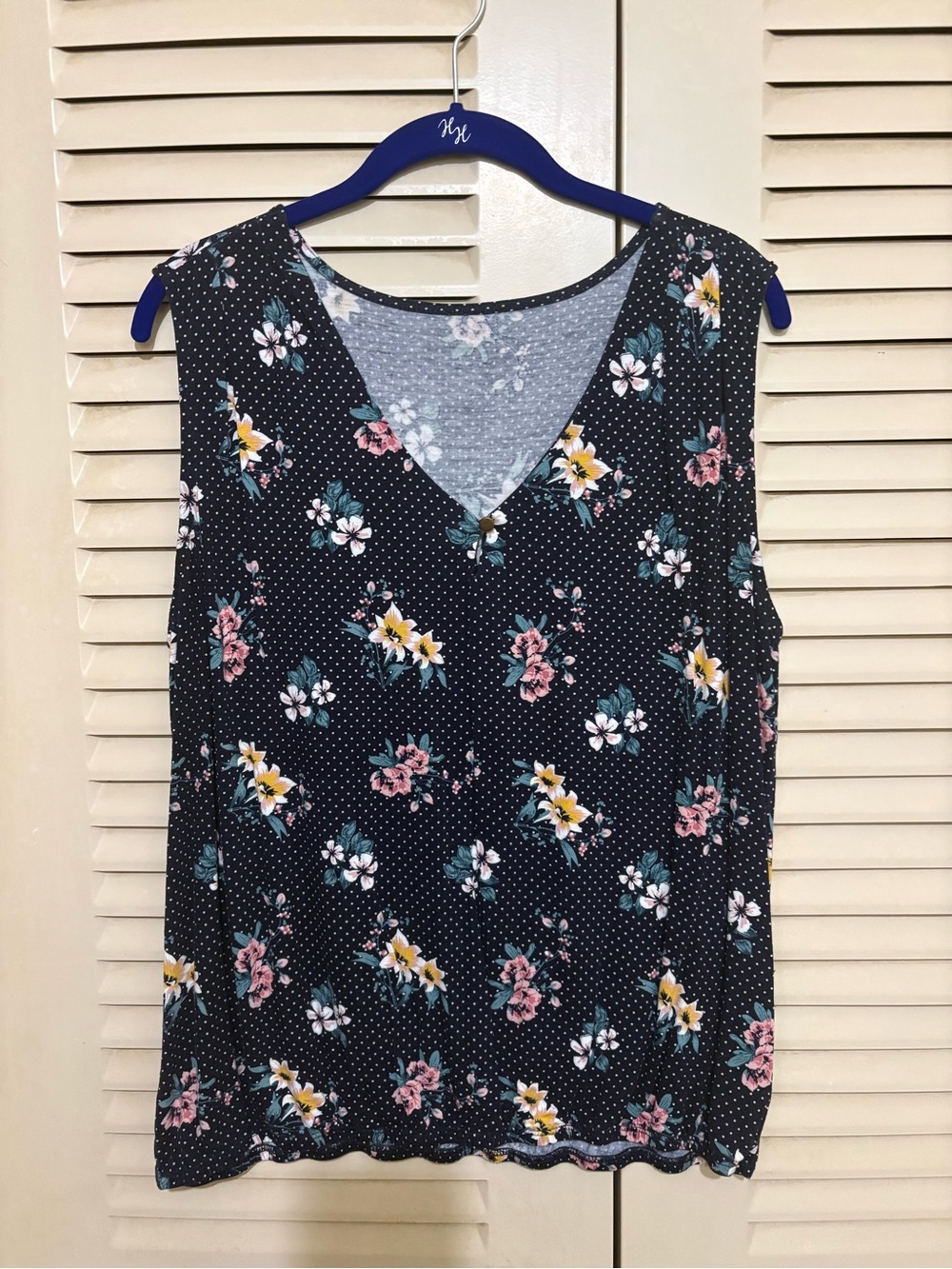 Sleeveless V-Neck Floral Tank Top - Navy with Pink & Yellow Flowers
